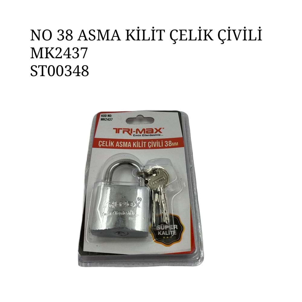 MK2437 TRI-MAX ÇELİK ASMA KİLİT 38mm (Çivili)