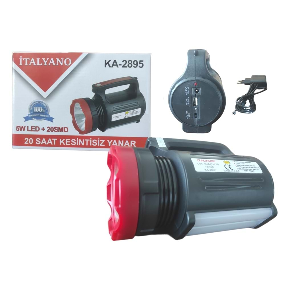 Ka-2895 İtalyano 5W+20Smd Led Şarjlı Fener - Usb Şarjlı