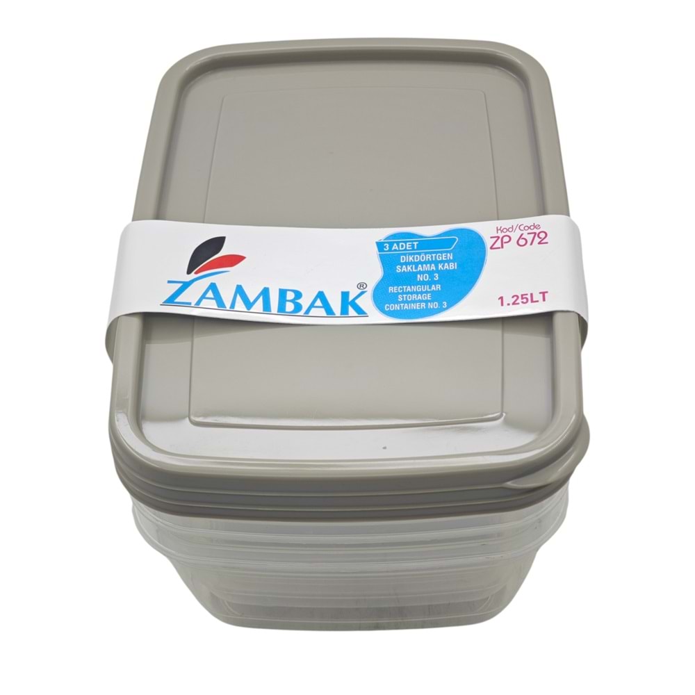 ZP672 Zambak Plastik Dikdörtgen Saklama Kabı 3lü 1.25lt