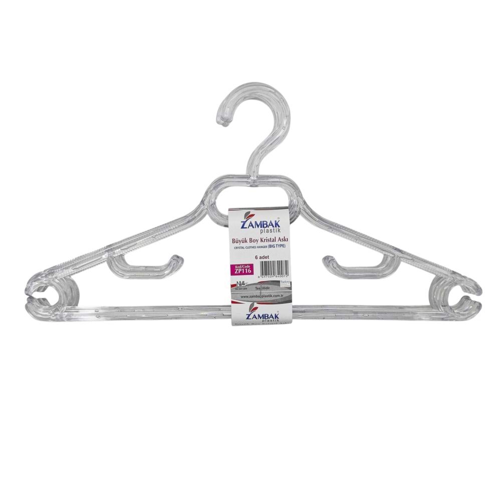 ZP216 Zambak Plastik Büyük Boy Kırıstal Elbise Askısı 6lı