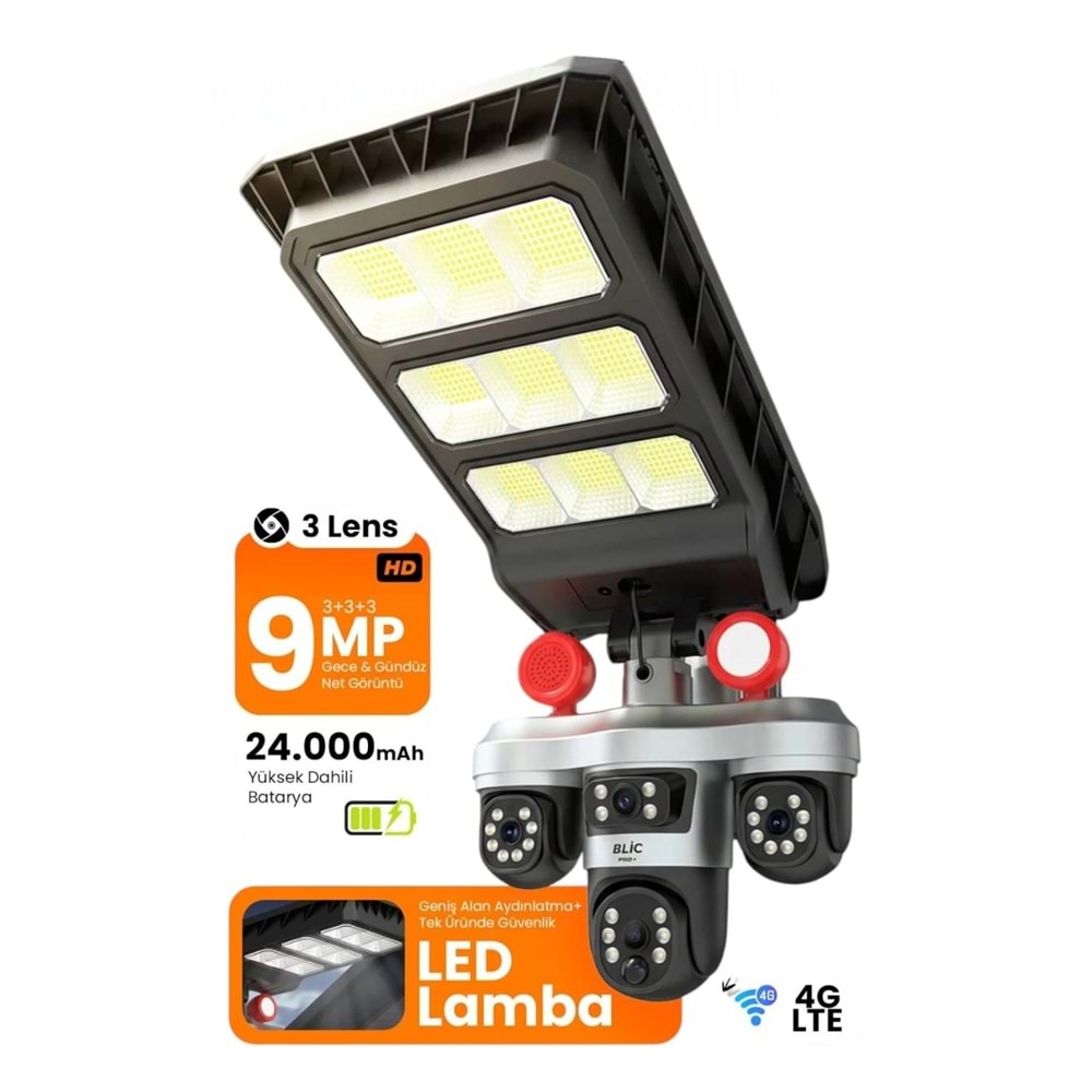 BLM-102 Blic 13W Solar Sarjlı Led Sokak Lambalı 3+3+3MP IP Kamera