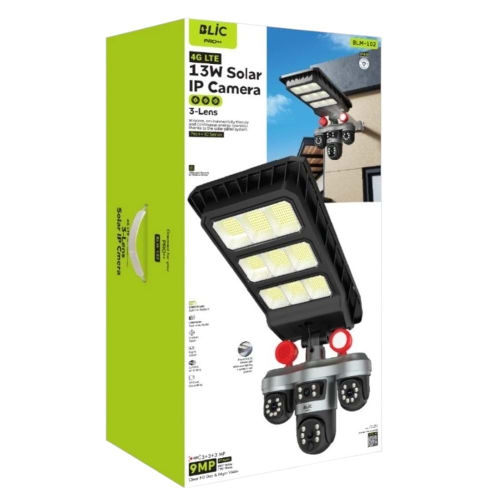 BLM-102 Blic 13W Solar Sarjlı Led Sokak Lambalı 3+3+3MP IP Kamera