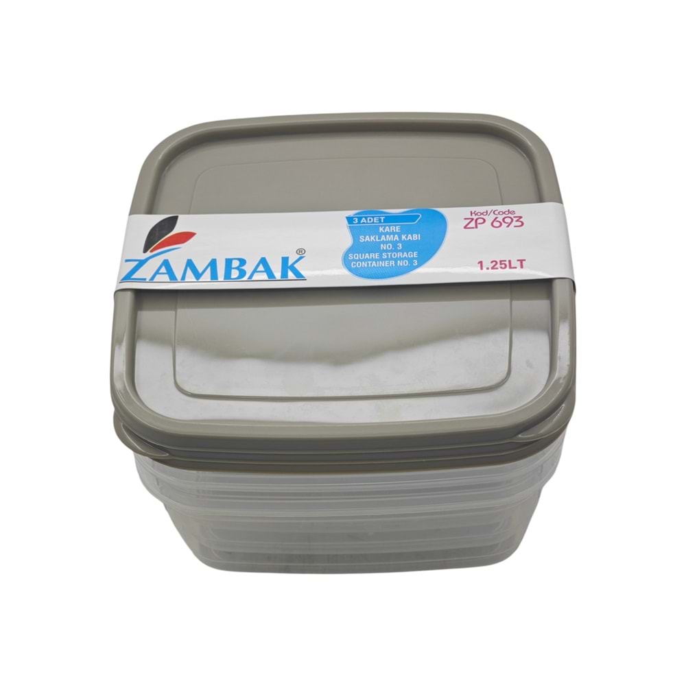 ZP693 Zambak Plastik Kare Saklama Kabı 3lü 1.25lt