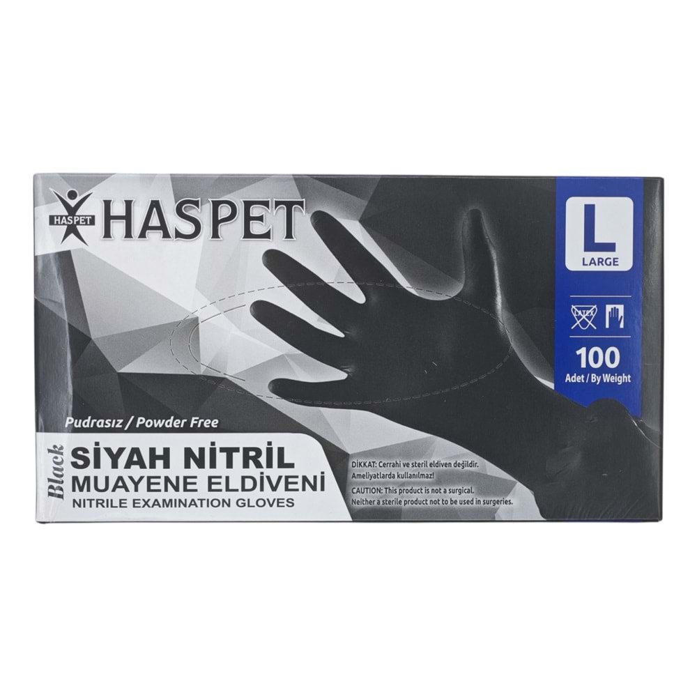 9972 Haspet Pudrasız Nitril Muayene Eldiveni (L) - Siyah