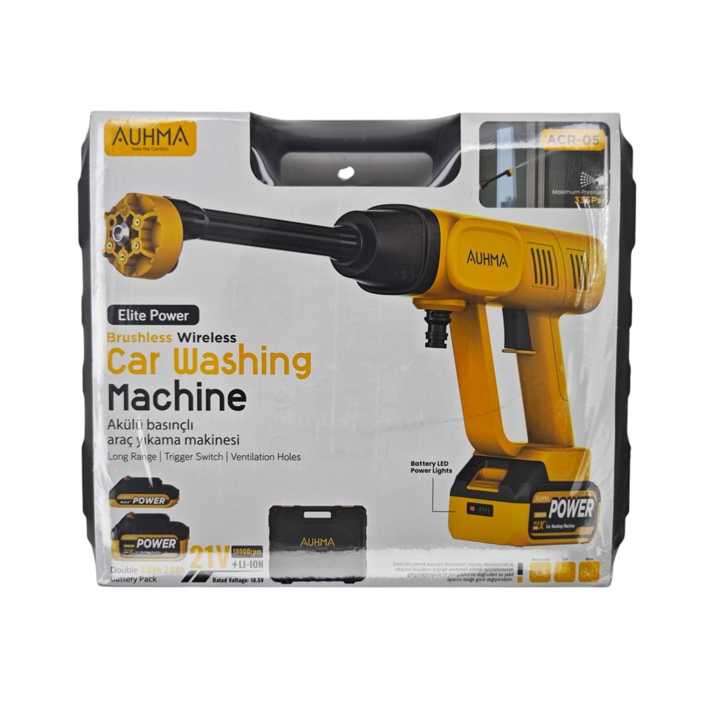 ACR-05 Auhma 21V Şarjlı Basınçlı Oto Yıkama Makinesi - Sarı