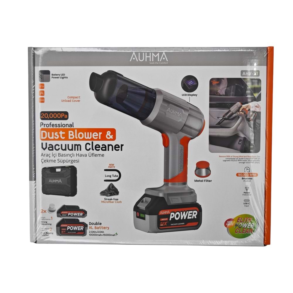 AHV-21 Auhma Şarjlı Araç İçi Hava Üfleme ve Çekme El Süpürgesi