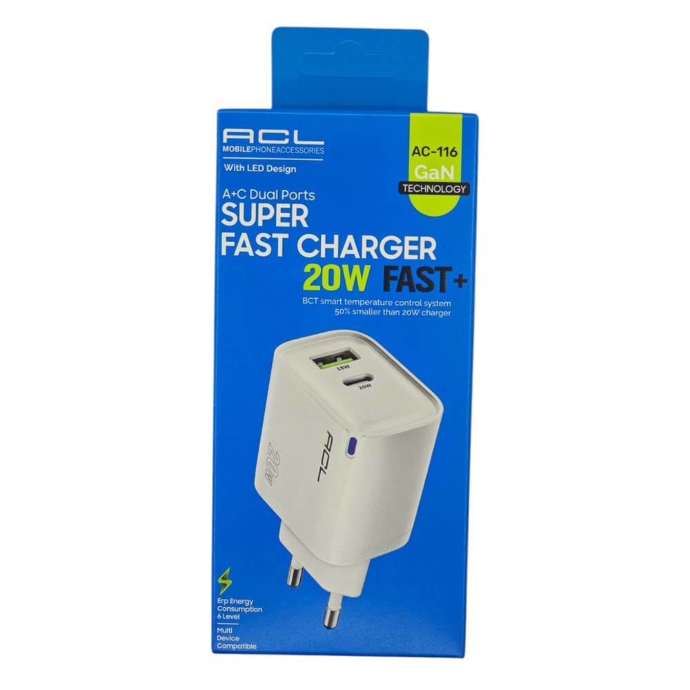 AC-116 ACL PD 20W 1*USB-A USB-C Slotlu Hızlı Şarj Aleti