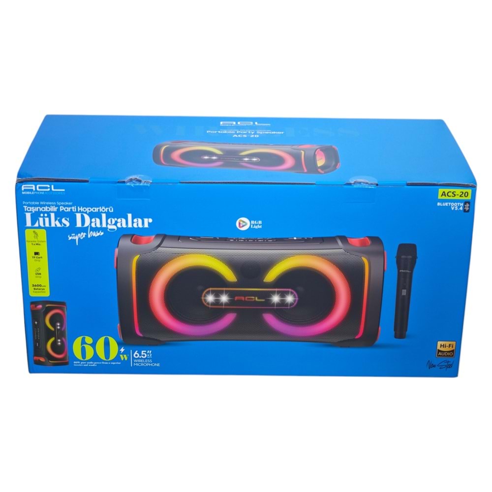 ACS-20 ACL Mikrofonlu Bluetootlu Şarjlı Müzik Kutusu 60W