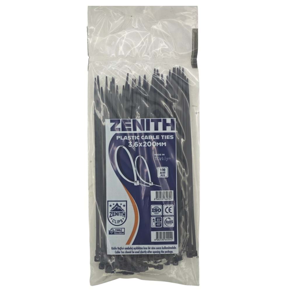 4034 Zenith Kablo Bağı - Plastik Kelepçe 3.6mm 200mm - Siyah