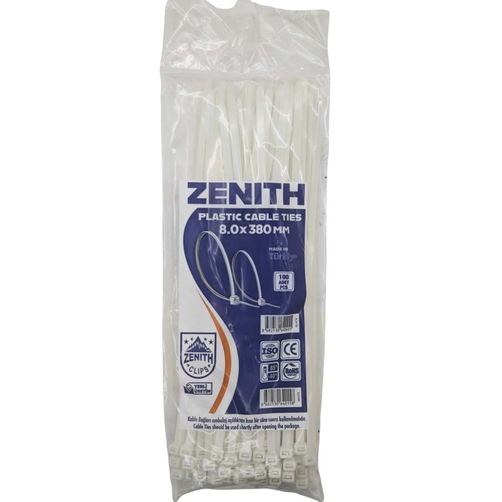 4015 Zenith Kablo Bağı - Plastik Kelepçe 8mm 380mm - Beyaz