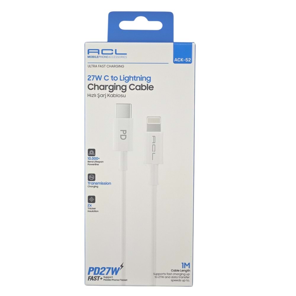 ACK-52 ACL PD 27W Type-C to Lightning Data Şarj Kablosu