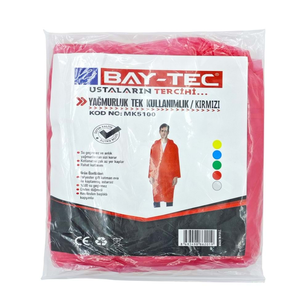 Mk5100 Bay-Tec Tek Kullanımlık Yağmurluk - Kırmızı