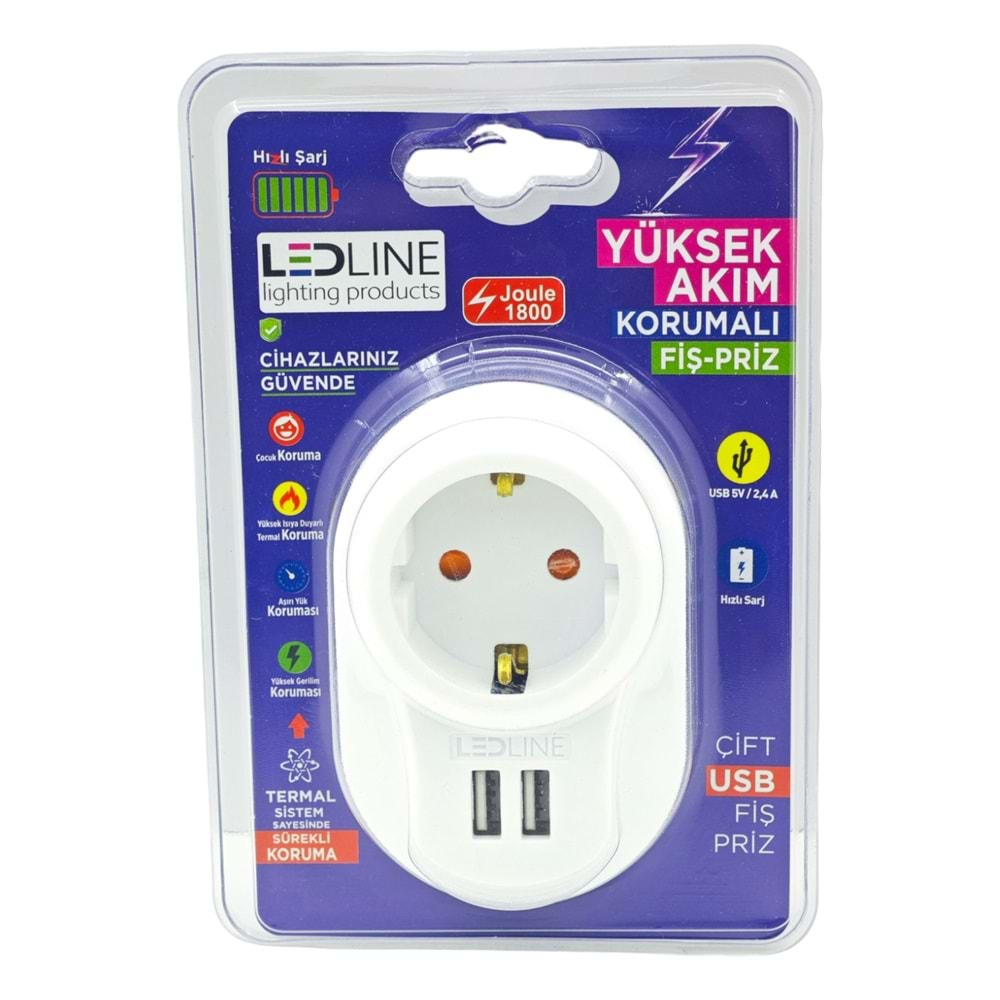 577872 Ledline Akım Korumalı Fiş Priz + 2Usb