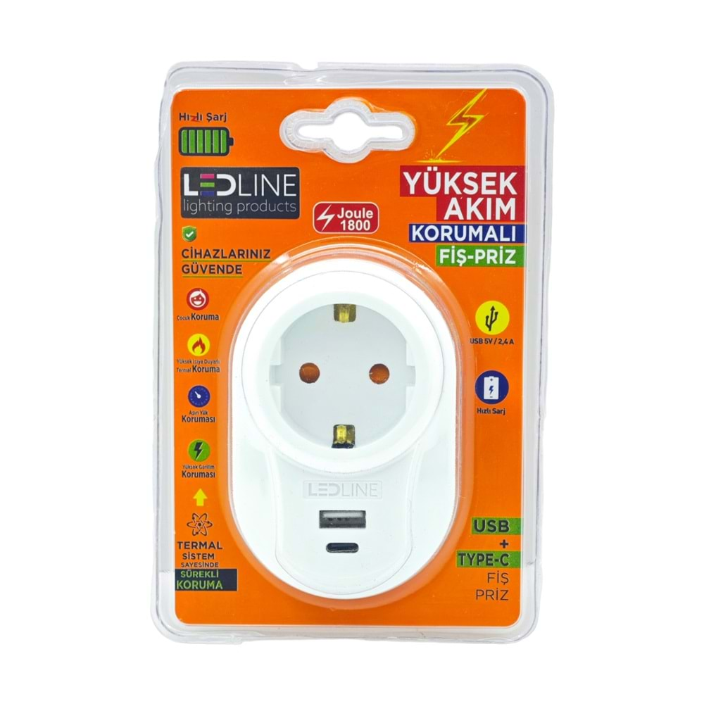 577873 Ledline Akım Korumalı Fiş Priz + Usb +Type-C