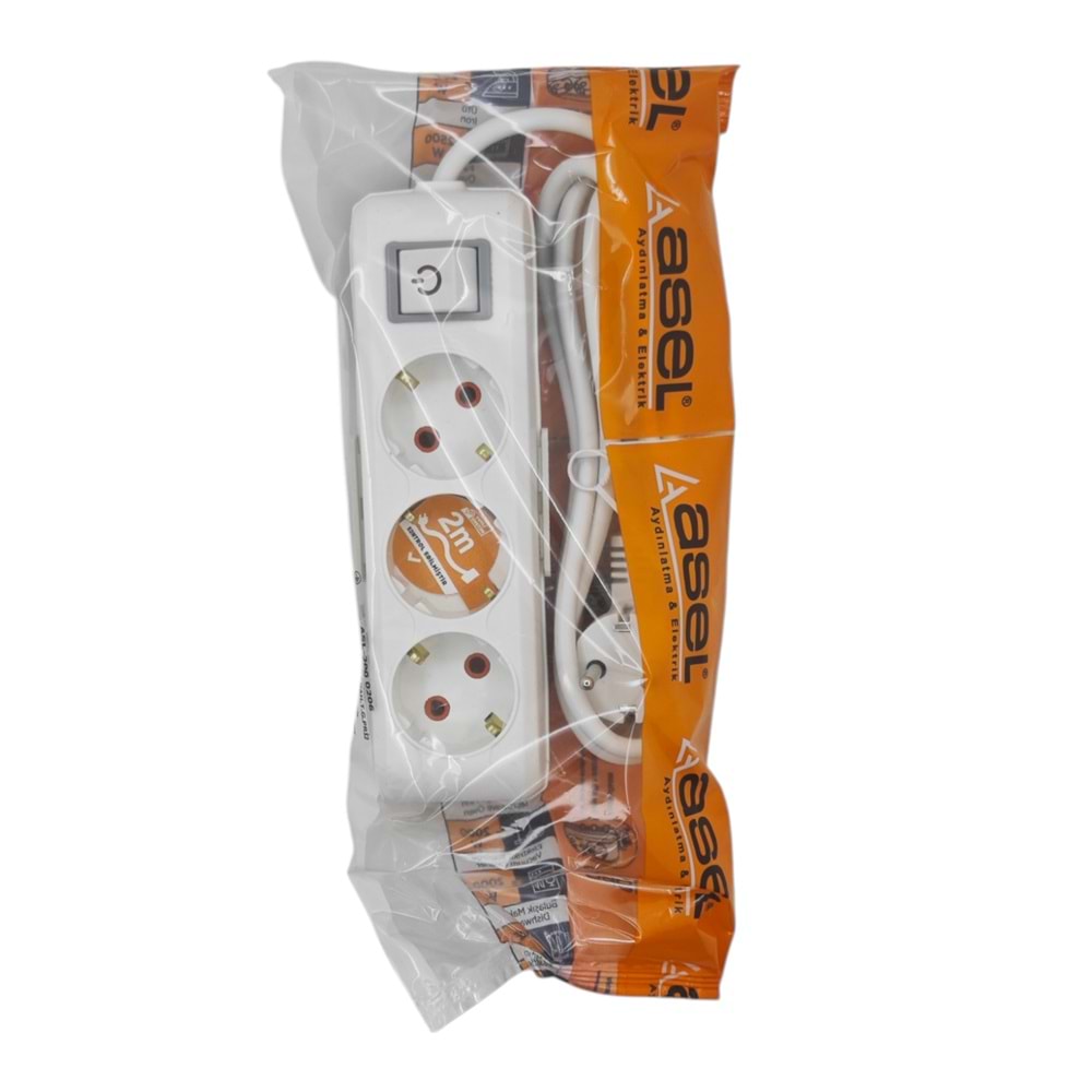 ASL-200 0206 Asel Ara Kablo Grup Priz 3lü 2m - Anahtarlı