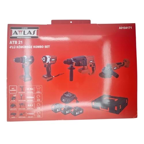 ATB 21 Attlas Kömürsüz Kombo Set 4lü - Vidalama-Somun Sıkma-Hilti-Taşlama
