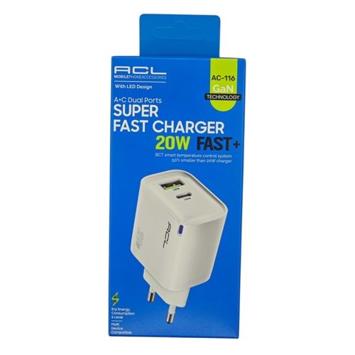 AC-116 ACL PD 20W 1*USB-A USB-C Slotlu Hızlı Şarj Aleti
