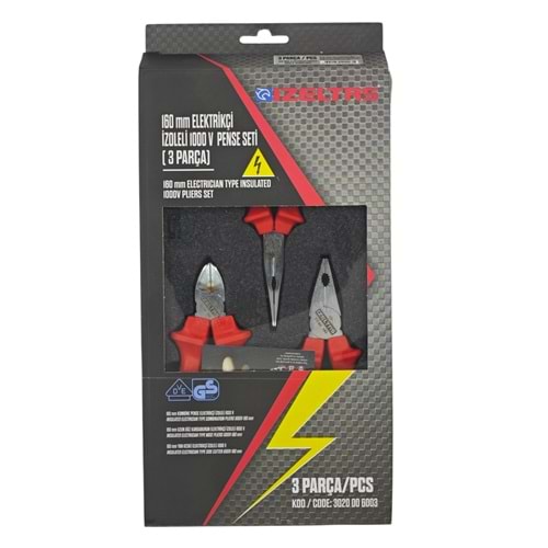 3020006003 İzeltaş 1000V İzoleli Elektrikçi Pense Seti 160mm 3prç