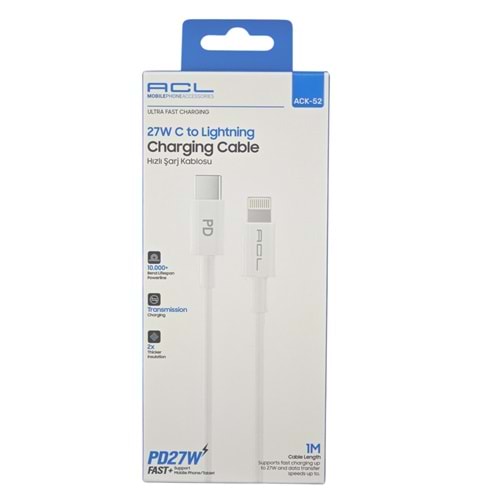 ACK-52 ACL PD 27W Type-C to Lightning Data Şarj Kablosu