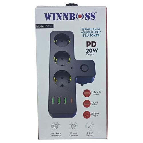 3397 Winnboss 2.1A 4*USB Termal Akım Korumalı Makaralı 3lü Priz