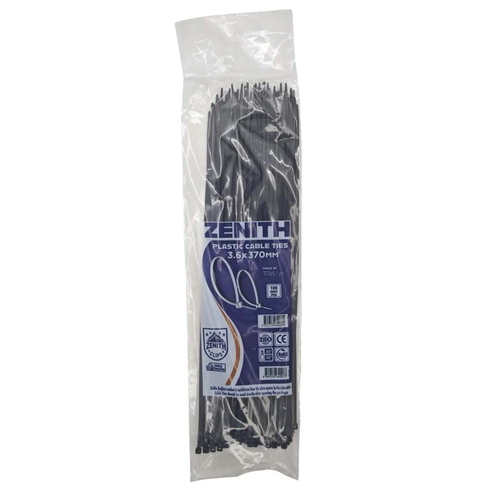 4037 Zenith Kablo Bağı - Plastik Kelepçe 3.6mm 370mm - Siyah