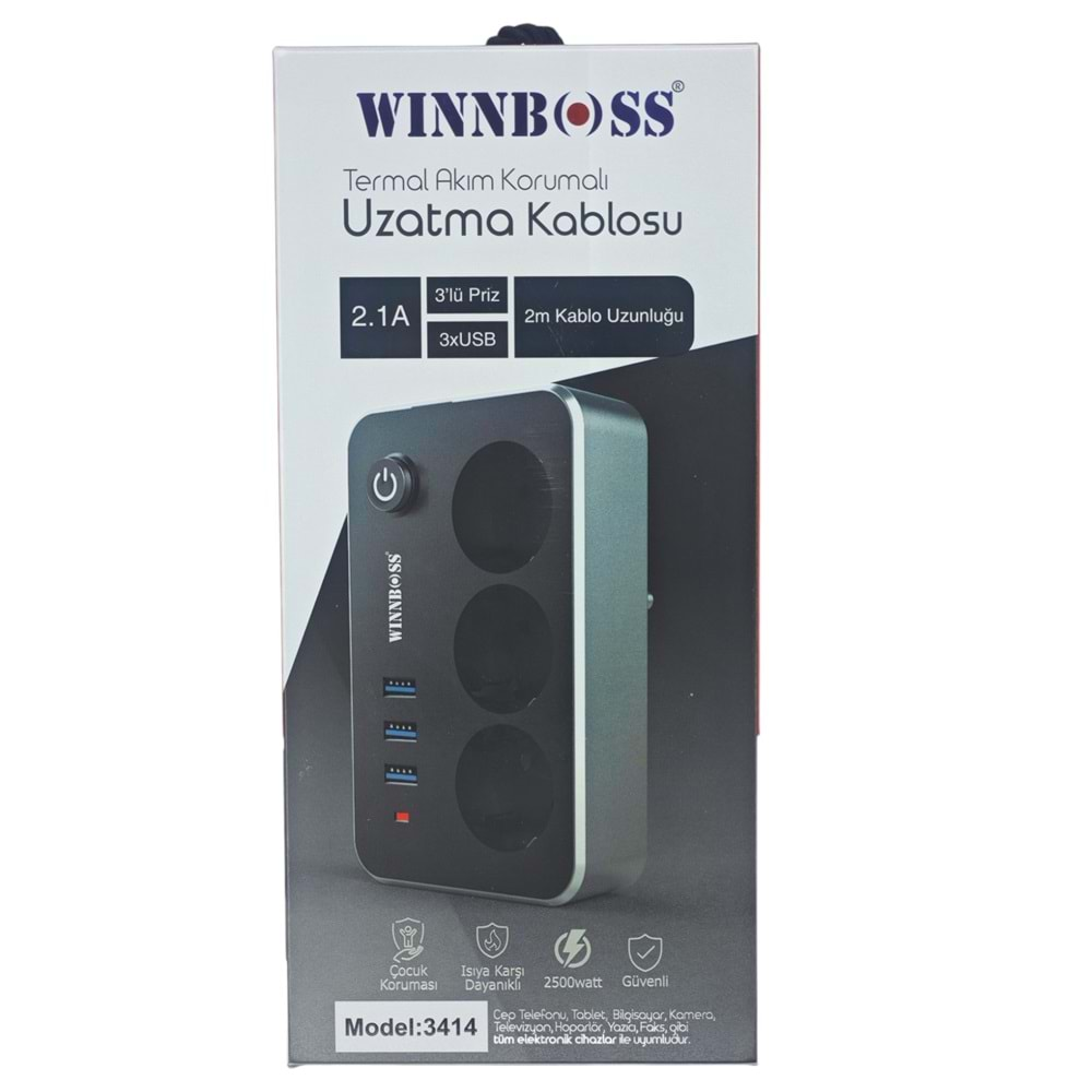 3414 Winnboss 2.1A 3*USB Termal Akım Korumalı 3lü 2m Grup Priz