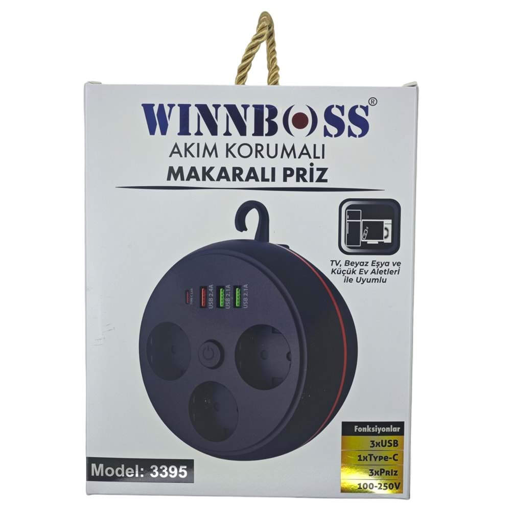 3395 Winnboss 2.1A 4*USB Akım Korumalı Makaralı 3lü Priz